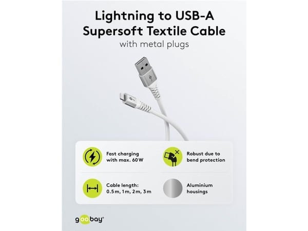 Goobay 74512, 2 m, Lightning, USB A, Hankjønn, Hankjønn, Hvit