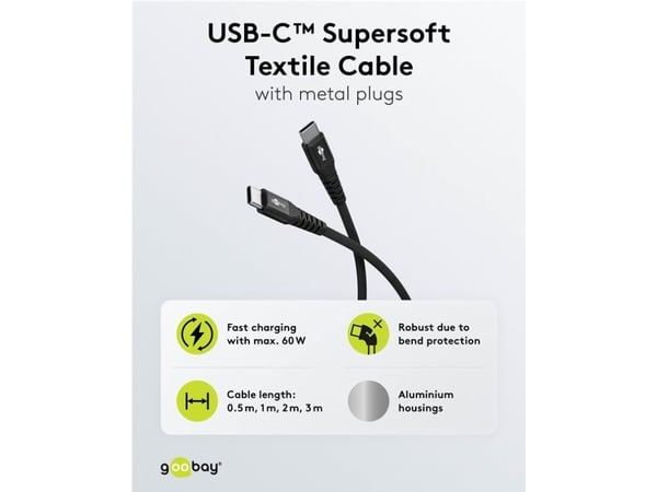 USB-C™ superpehmeä tekstiilikaapeli metalliliittimellä, m, musta;harmaa