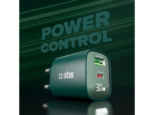 SBS GaN 30W laturi, USB-C, LCD, vihreä