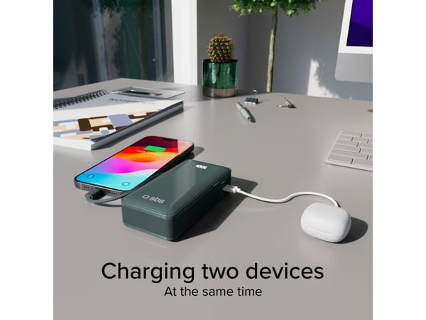 Powerbank SBS 10000mAh, 20W, LCD-näyttö, integroitu kaapeli, vaaleansininen