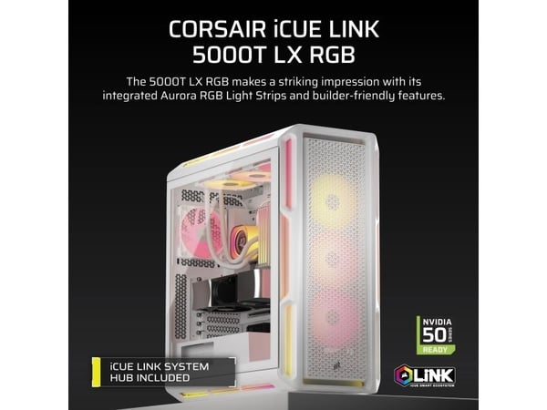 CORSAIR iCUE LINK 5000T LX RGB - Mid tower gaming - utvidet ATX (E-ATX) - sidepanel med vindu (herdet glass) - ingen strømforsyning (ATX) - hvit - ...