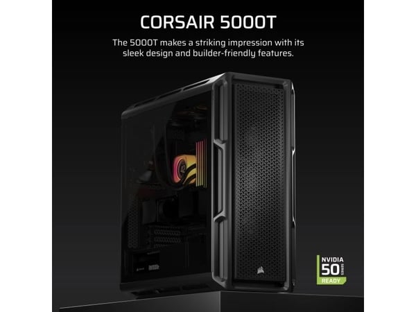 CORSAIR 5000T - Mid tower gaming - utvidet ATX (E-ATX) - sidepanel med vindu (herdet glass) - ingen strømforsyning (ATX) - svart - USB/lyd