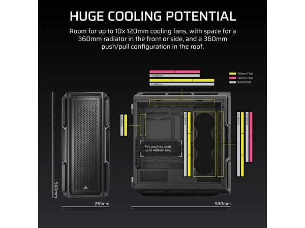 CORSAIR 5000T - Mid tower gaming - utvidet ATX (E-ATX) - sidepanel med vindu (herdet glass) - ingen strømforsyning (ATX) - svart - USB/lyd