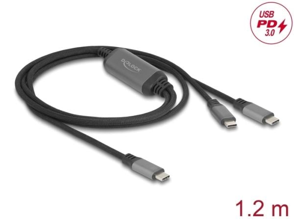 Delock USB-C Y-kabel 1 x hann til 2 x hann PD 3,0 100 W Intelligent strømfordeling 1,2 m