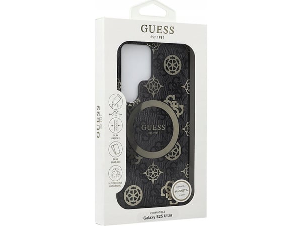 Case Guess 4G Background Gold Electroplated Peony Pattern MagSafe for Samsung Galaxy S25 Utra black