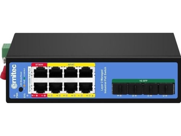 Ernitec - Switch - industrial, 1 console port - Administrerad - 8 x 10/100/1000 (PoE) + 4 x 10/100/1000/SFP (upplänk) - PoE+ (240 W)