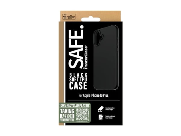 SAFE. by PanzerGlass - Baksidedeksel for mobiltelefon - 100 % resirkulert termoplastisk polyuretan (TPU) - svart - for Apple iPhone 16 Plus