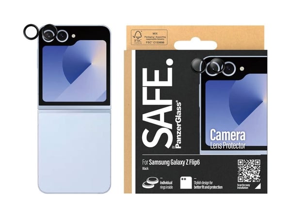 PanzerGlass SAFE. by ® Kameralinsebeskytter for Samsung Galaxy Z Flip6 | Svart, Samsung, Samsung - Galaxy Z Flip6, Tørr applikasjon, Ripebestandig,...