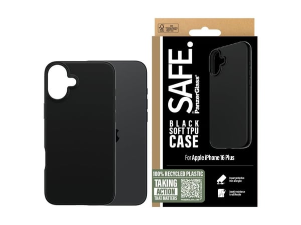 SAFE. by PanzerGlass - Baksidedeksel for mobiltelefon - 100 % resirkulert termoplastisk polyuretan (TPU) - svart - for Apple iPhone 16 Plus