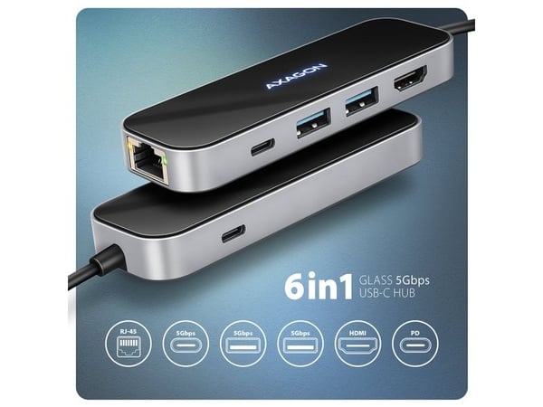 AXAGON HMC-6GLN Glass - Dokkingstasjon - for skrivebord, bærbar, smarttelefon, bærbar - USB-C 3.2 Gen 1 / USB 3.0 / USB4 / Thunderbolt 3 / Thunderb...