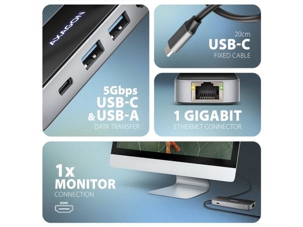 AXAGON HMC-6GLN Glass - Dokkingstasjon - for skrivebord, bærbar, smarttelefon, bærbar - USB-C 3.2 Gen 1 / USB 3.0 / USB4 / Thunderbolt 3 / Thunderb...