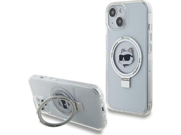 Apple iPhone 15 Plus Karl Lagerfeld-deksel Ringstativ Choupette Head MagSafe (KLHMP15MHMRSCHH) hvit farge