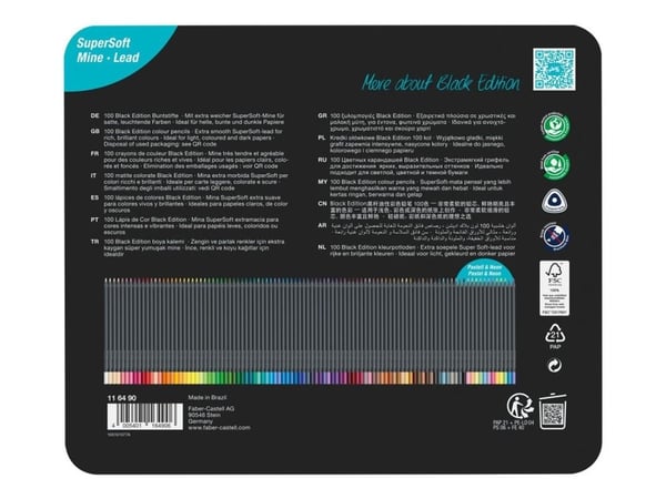 FABER-CASTELL kolmiomaiset värikynät Black Edition, 100 kpl kolmiomaisia, mustaa puuta, superpehmeä lyijy - 1 kpl (116490)