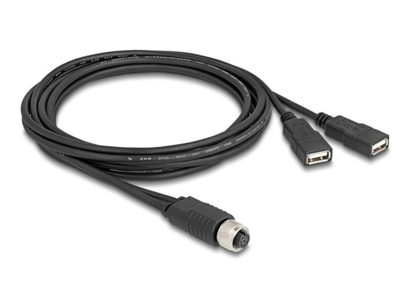 Delock M12-kaapeli A-koodattu 8-nastainen naarasliitin 2 x USB 2.0 type-A naarasliitäntään 2 m musta