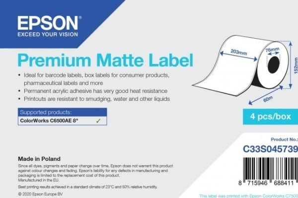 Epson Premium Matte Label - Continuous Roll: 203mm x 60m, Valkoinen, Merkintänauha, Mustesuihku, Akryyli, Kiinteä, Matta