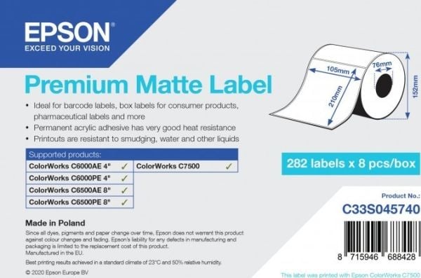 Epson Premium Matte Label - Die-Cut Roll: 105mm x 210mm, 282 labels, Itse kiinnittyvä tulostintarra, Stanssausmerkintä, Mustesuihku, Akryyli, Kiint...