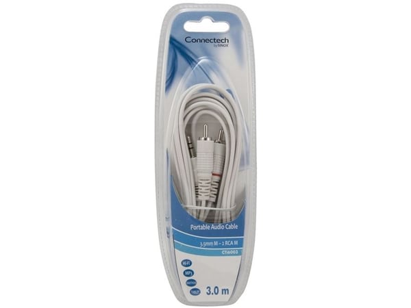 Connectech 3,5mm mini jack til phono kabel. 3m. Hvid