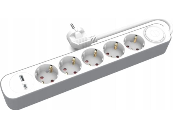PLASTROL HOME Extender 5x pistorasiat 3m kytkimellä 1x USB-A 1x USB-C