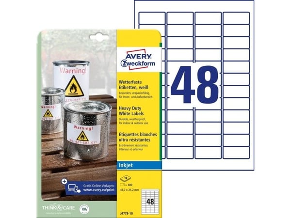 Etiketter Avery J4778-10 hvid 45,7x21,2 mm - til udendørs brug - (10 ark x 48 stk.)