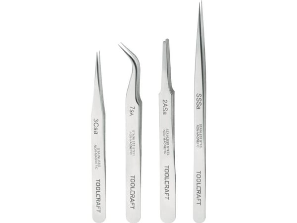 TOOLCRAFT 816747 Pincett set 4 st SS SA, 2a SA, 7 SA, 3c SA Plattrund, Spets, böjd 55°, Spets, Spets, smal