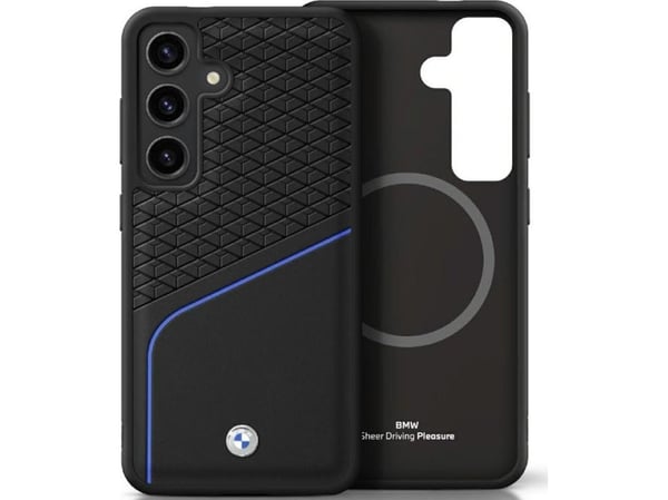 Deklas BMW läderstruktur och slätt MagSafe till Samsung Galaxy S25 i svart