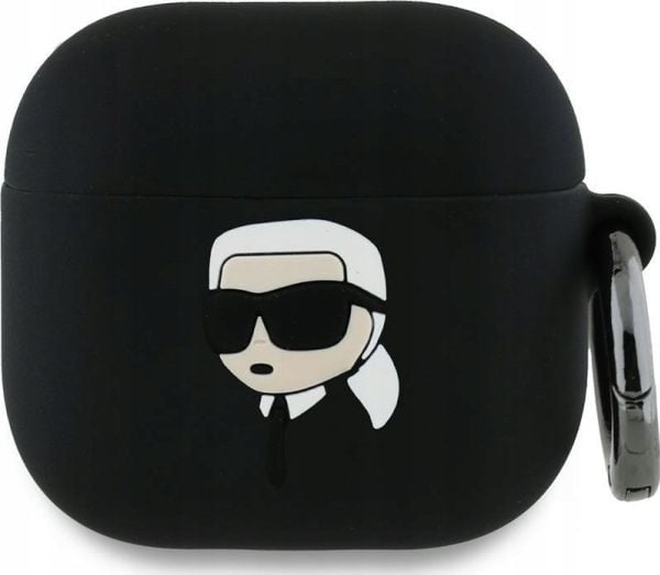 Karl Lagerfeld KLA4RUNIKK -kotelo AirPods 4:lle, musta/musta silikoni, Karl Head 3D