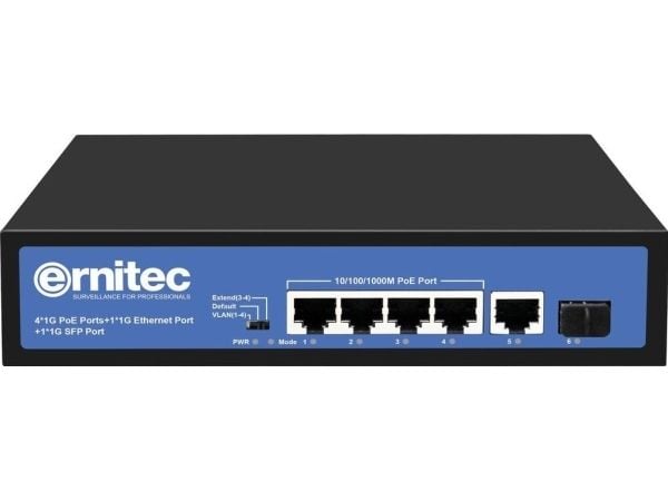 Ernitec - Switch - ohanterad - 4 x 10/100/1000 (PoE) + 1 x 10/100/1000 + 1 x Gigabit SFP - skrivbordsmodell - PoE