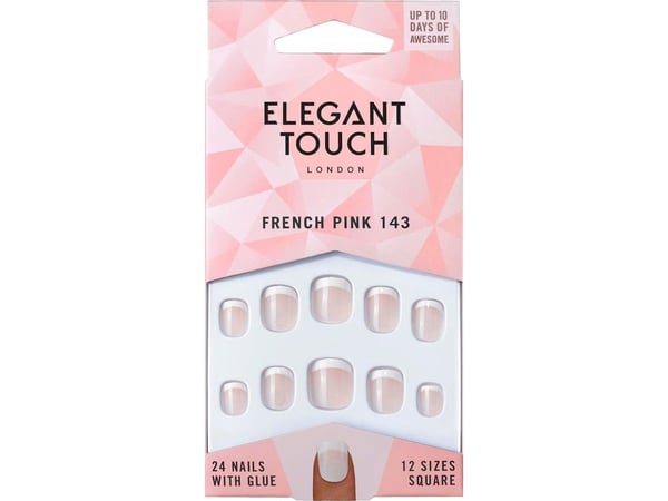 Elegant Touch sett, Natural French, firkant, kunstige negler, pink, 143 Petite (XS), 24 stk Elegant Touch sett, Natural French, firkant, kunstige negler, pink, 143 Petite (XS), 24 stk