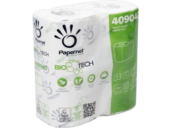 Toiletpapir, Biotech, 2-lags, 28m x 9,5cm, Ø12,4cm, hvid