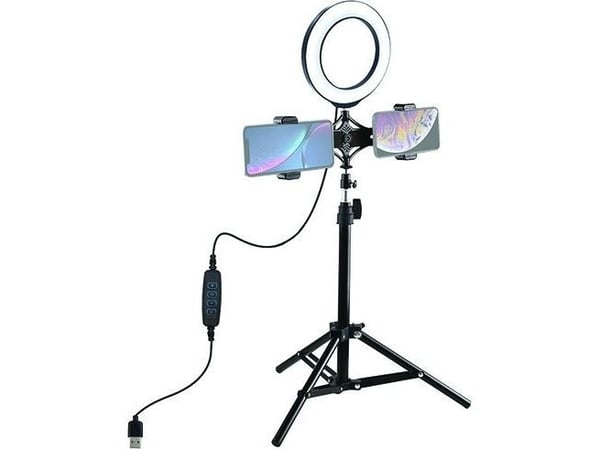 Puluz LED-ringlampe 16 cm med stativ opptil 70 cm, dobbel telefonholder, USB