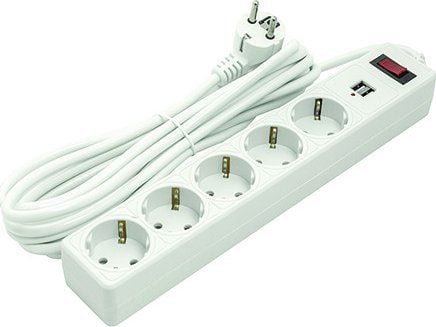 EXD skjøteledning 5 m, 5 uttak, 2xUSB, med bryter