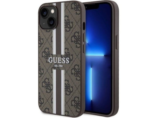 Guess telefono dėklas iPhone 14 6,1 GUHMP14SP4RPSW ruda hartelefono dėklas Magsafe 4G Printed Stripes