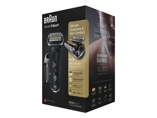 Braun Series 9 9352cc Sport, Folierakapparat, Svart, Grå, Active Quattro Head, Knappar, Batteri, Litium-Ion (Li-Ion)