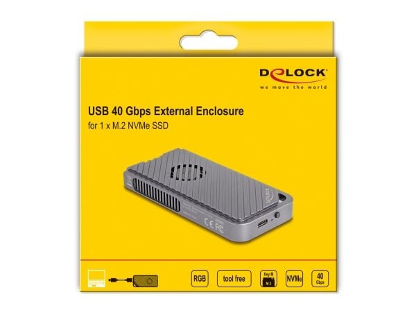 Delock - Drevkabinett - 40 Gbps, gaming style, with LED and fan, tool free - M.2 - M.2 NVMe Card - Thunderbolt 3, Thunderbolt 4, USB4 - sølv