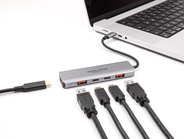 Delock USB 10 Gbps 2-porttinen USB Type-A + 2-porttinen USB Type-C -keskitin, jossa on USB Type-C-portti ja PD 95 wattia