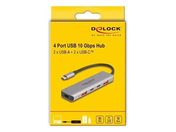 Delock USB 10 Gbps 2-porttinen USB Type-A + 2-porttinen USB Type-C -keskitin, jossa on USB Type-C-portti ja PD 95 wattia