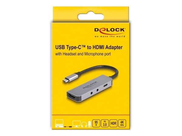 Delock USB Type-C-adapter til HDMI 4K 60 Hz og hodesett- og mikrofontilkobling + USB Type-C PD 95 W