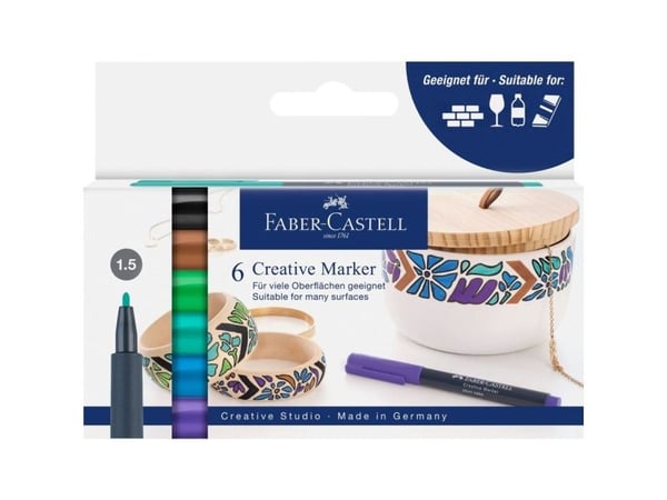 Faber-Castell Creative Marker, 6 stykker, Sort, Blå, Brun, Grønn, Turkis, Fiolett, Projektil spiss, Flerfarget, Rund, 1,5 mm