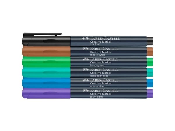 Faber-Castell Creative Marker, 6 stykker, Sort, Blå, Brun, Grønn, Turkis, Fiolett, Projektil spiss, Flerfarget, Rund, 1,5 mm