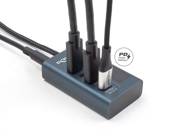 Delock - Hub - 10 Gbps, thereof 3 x data port + 1 x data and PD 20W with power indicator - 4 x USB-C - stasjonær
