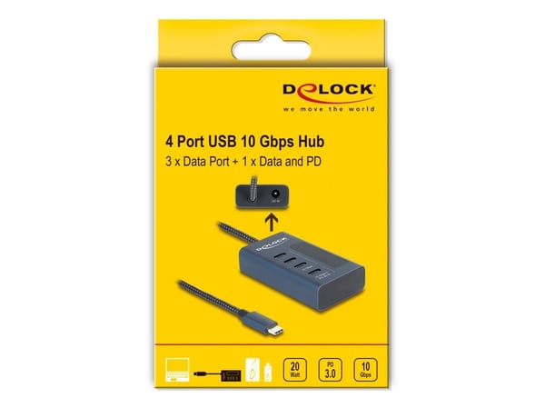 Delock - Hub - 10 Gbps, thereof 3 x data port + 1 x data and PD 20W with power indicator - 4 x USB-C - stasjonær