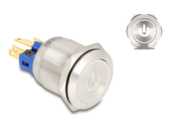 Delock - Push button - for 22 mm installation, 6 x solder connection, white LED power symbol and ring - panelmonterbar - AC 230 V - sølv