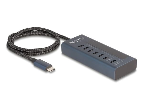 Delock USB 10 Gbps -keskitin, jossa on 7 USB Type-C -porttia, joista 6 x dataportti + 1 x dataportti ja PD 20 wattia, jossa on virran merkkivalo