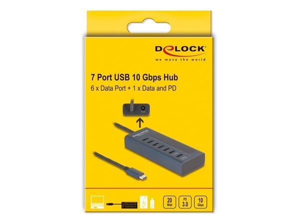 Delock USB 10 Gbps -keskitin, jossa on 7 USB Type-C -porttia, joista 6 x dataportti + 1 x dataportti ja PD 20 wattia, jossa on virran merkkivalo