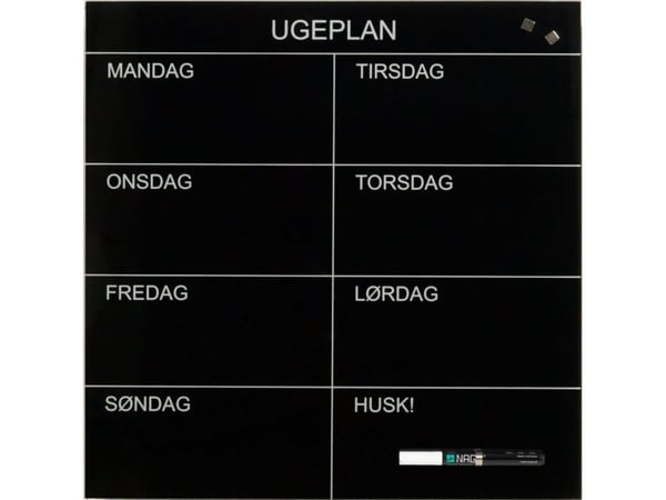 Magnetisk NAGA ugetavle i glas 45x45 cm sort - dansk tekst