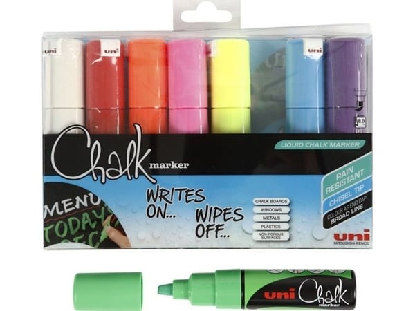 Chalkmarker, Uni-Ball, skrå, ass.farver, pakke a 8 stk