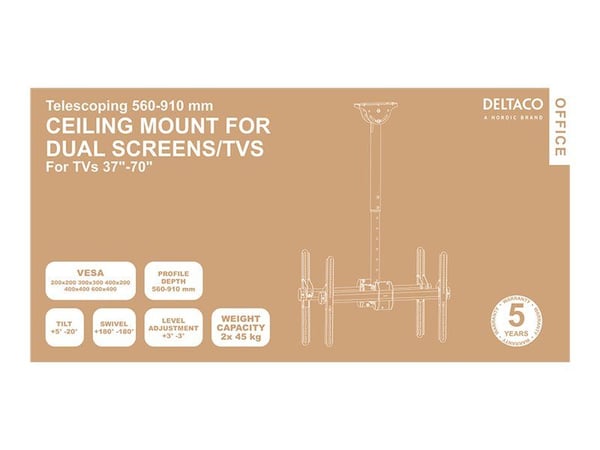 DELTACO Office ARM-0403 - Monteringssett (takmontering) - rygg-mot-rygg, teleskopisk - for 2 LCD/plasma-paneler - svart - skjermstørrelse: 37"-70"