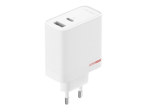 OnePlus SUPERVOOC - Strømadapter - GaN - 80 watt - 7.3 A - SuperVOOC, PD/PPS, QC - 2 utgangskontakter (USB, USB-C) - hvit