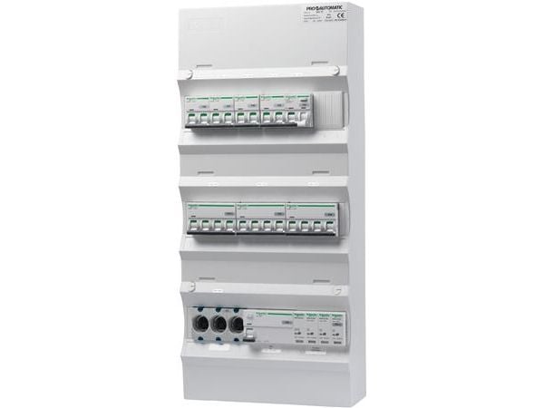 PRO-AUTOMATIC Ryhmäpaneeli valmiiksi asennettuna UG18 Valkoinen, D02, 1xHPFI 40A 30mA 4xC10 1P+N, 1xC10/30mA 1P+N, 2xC13 3P+N, 1xC16 3P+N, 1xTransi...