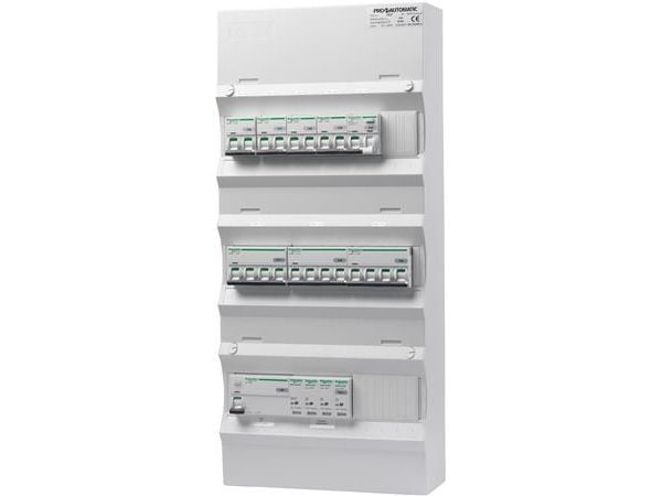 PRO-AUTOMATIC Ryhmäpaneeliin asennusvalmis UG18 Valkoinen RCD, 40A 30mA, 4xC10 1P+N, 1xC10/30mA, 1P+N 2xC13 3P+N, 1xC16 3P+N, 1xTransientti